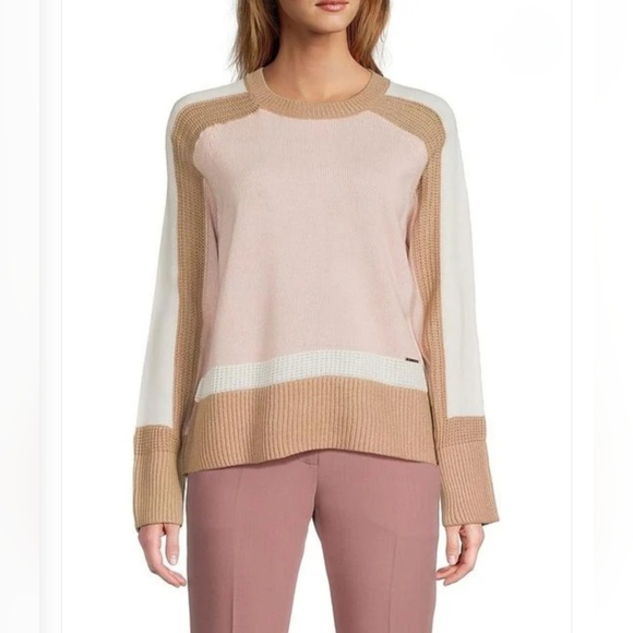 halston Sweaters - Halston Women's Colorblock Sweater - Pink, White, & Tan Small. Cottagecore Cozy
